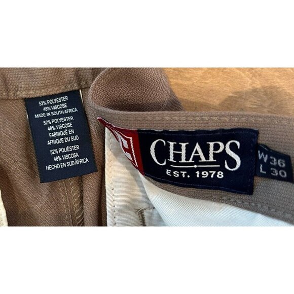 CHAPS Mens Pleated Travel Pant Traditional Fit Easy Care Tan Brown 36 x 30 NEW - Picture 7 of 7